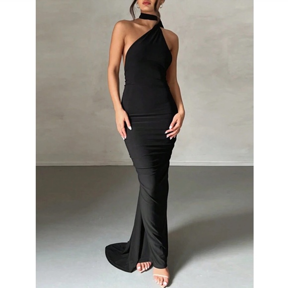 Black Maxi Long Sheath Dress One Shoulder Long Strap  Ruched Back - Picture 2 of 16